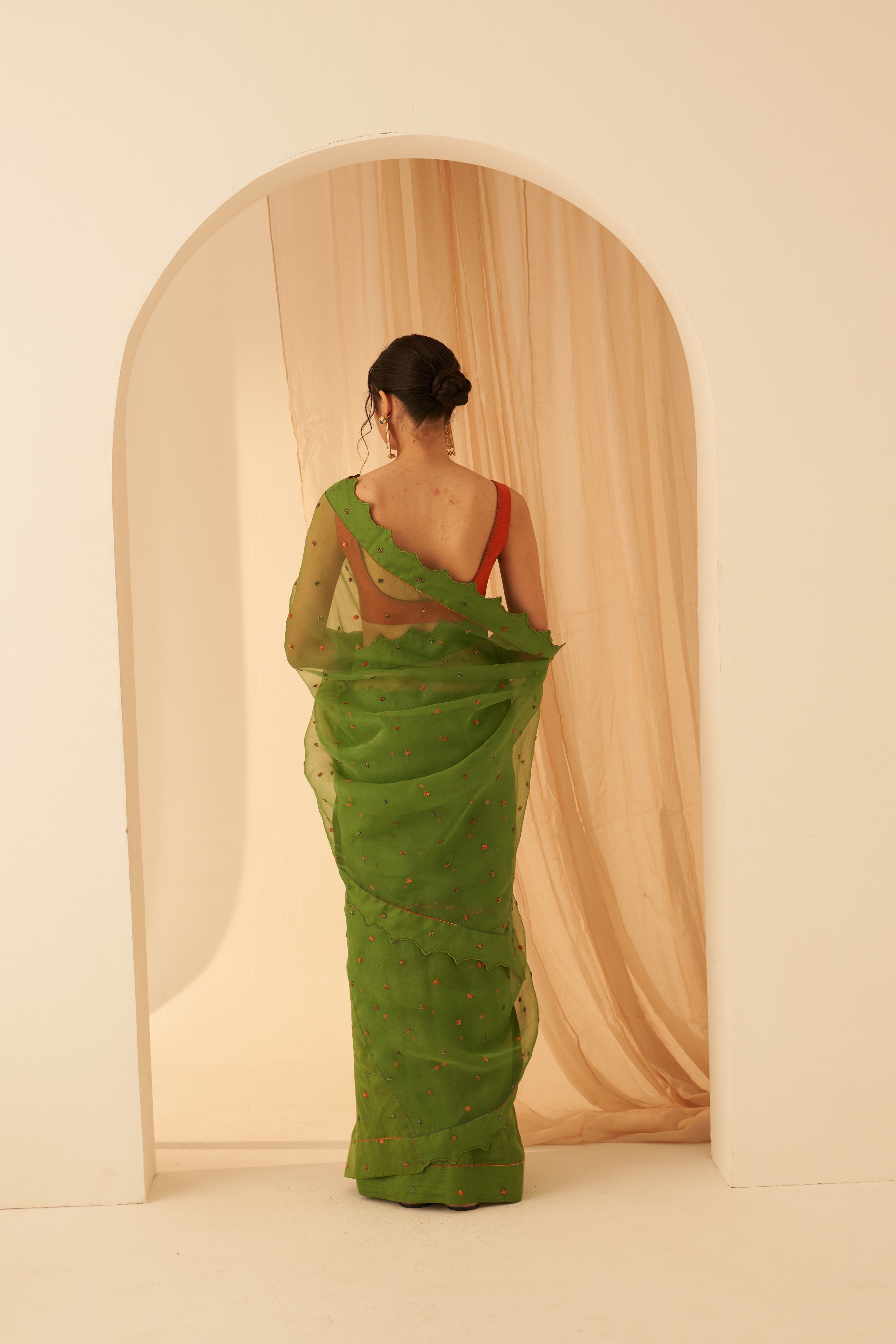 Green Chanderi Organza Embroidered Saree