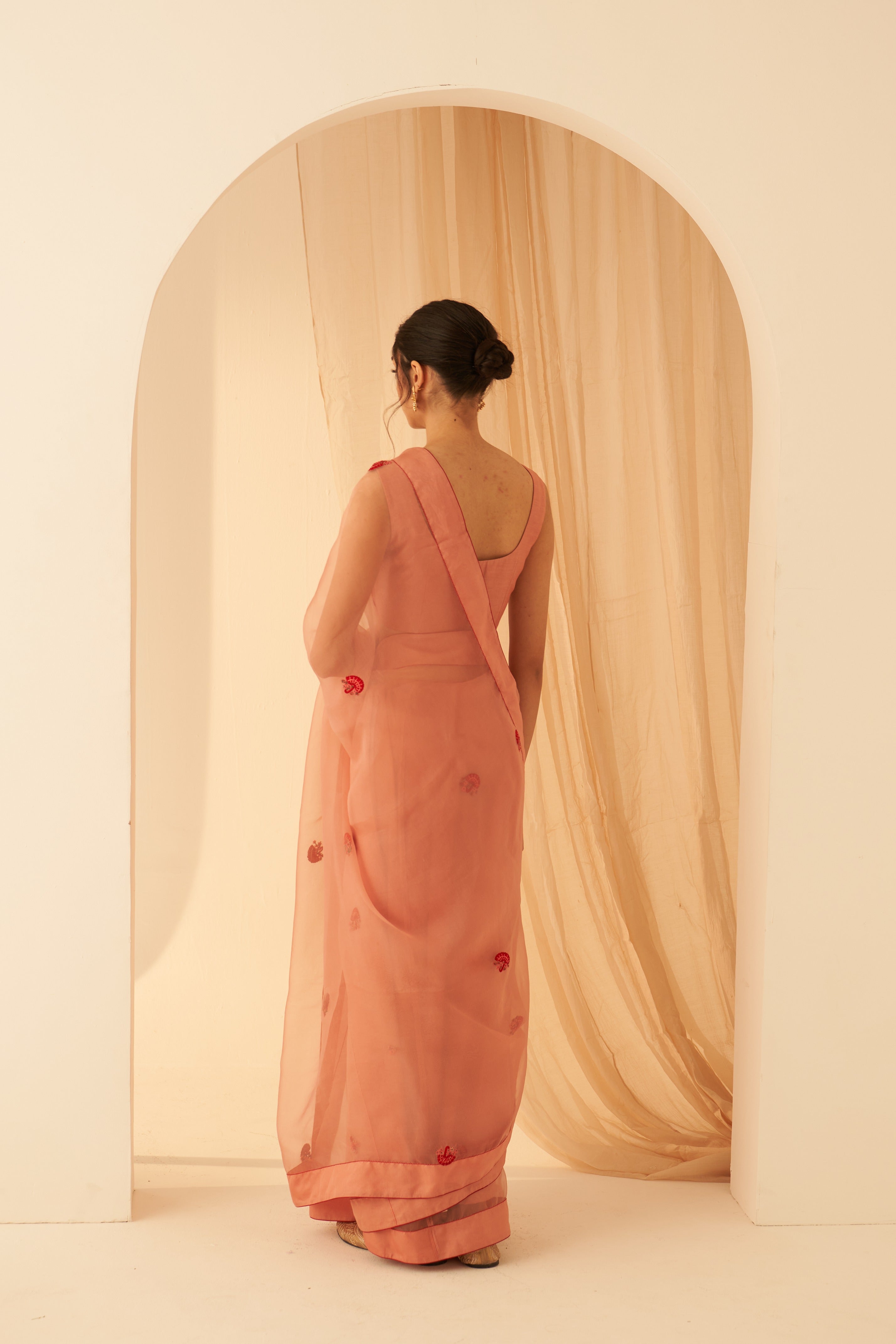 Peach Organza Zardozi Saree