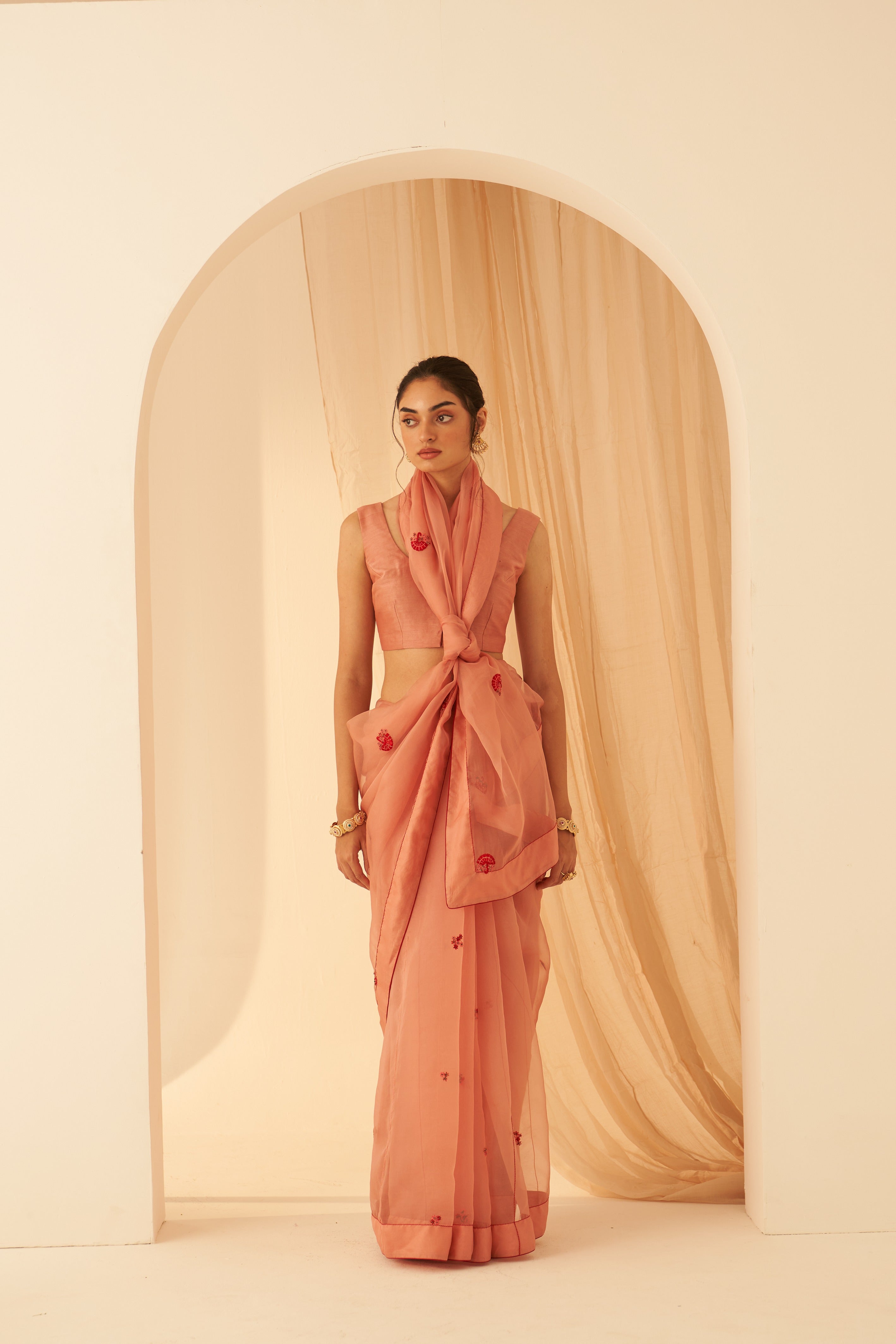 Peach Organza Zardozi Saree