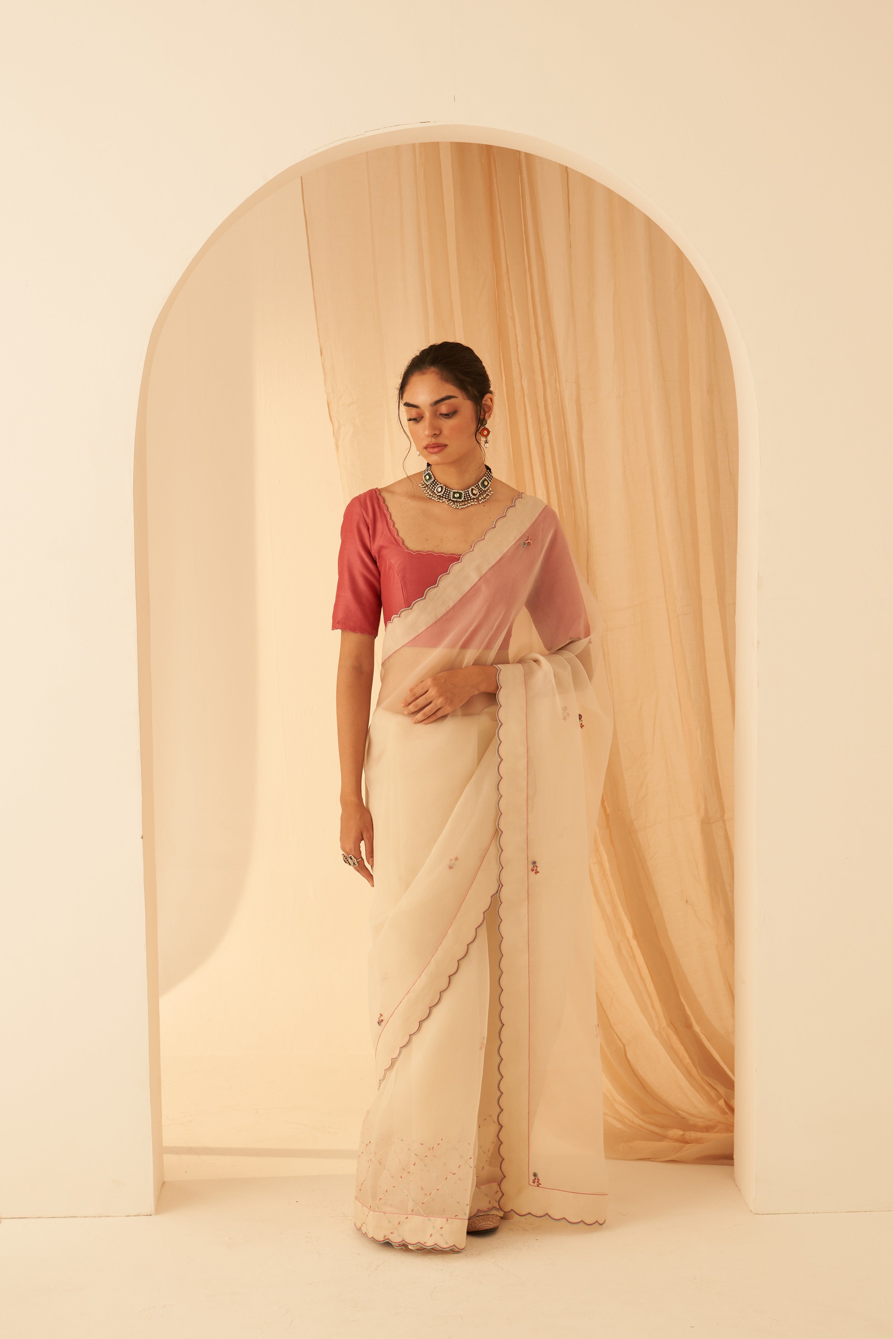 Ivory Organza Resham Jaal Saree