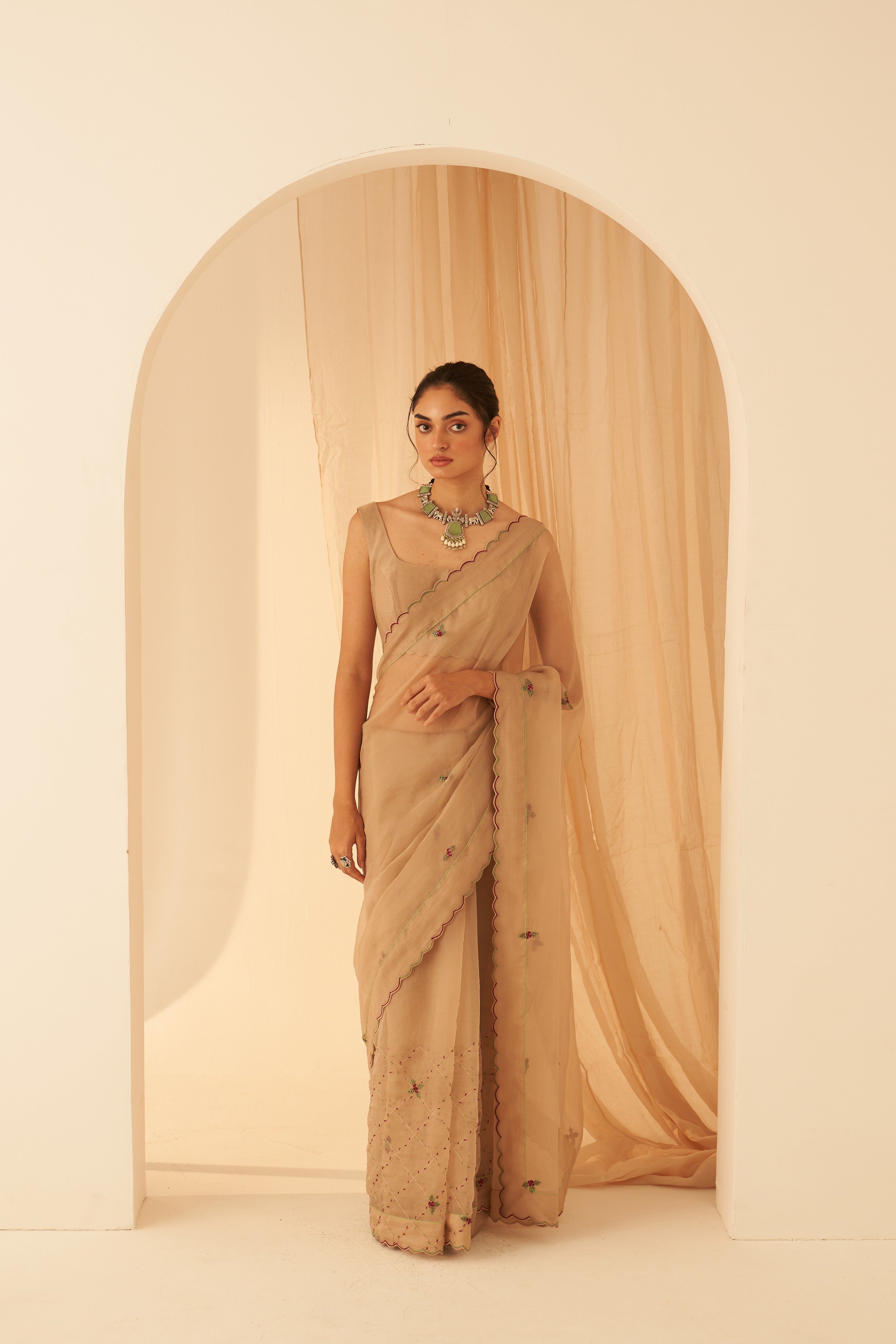 Champagne Organza Zardozi Saree