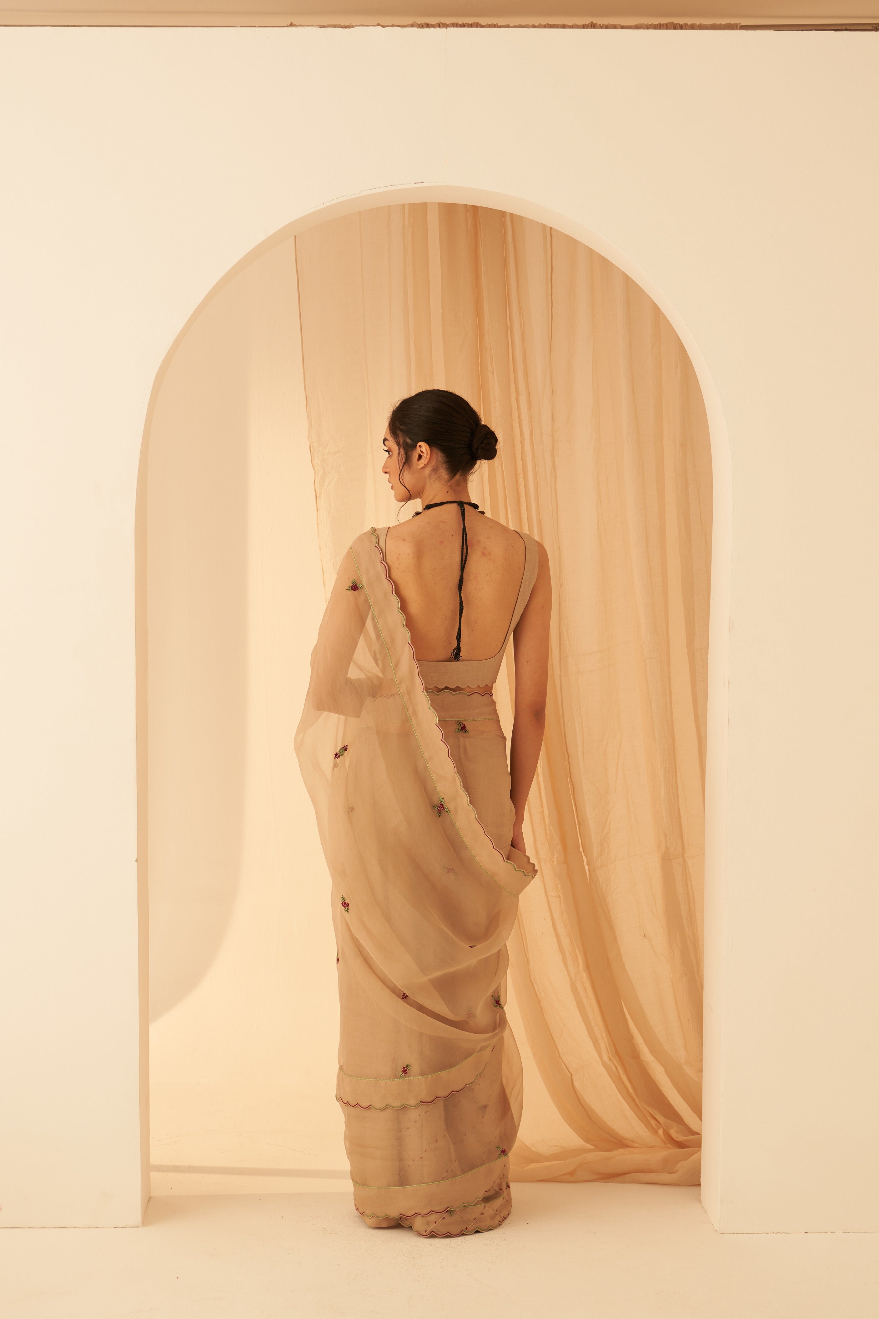 Champagne Organza Zardozi Saree