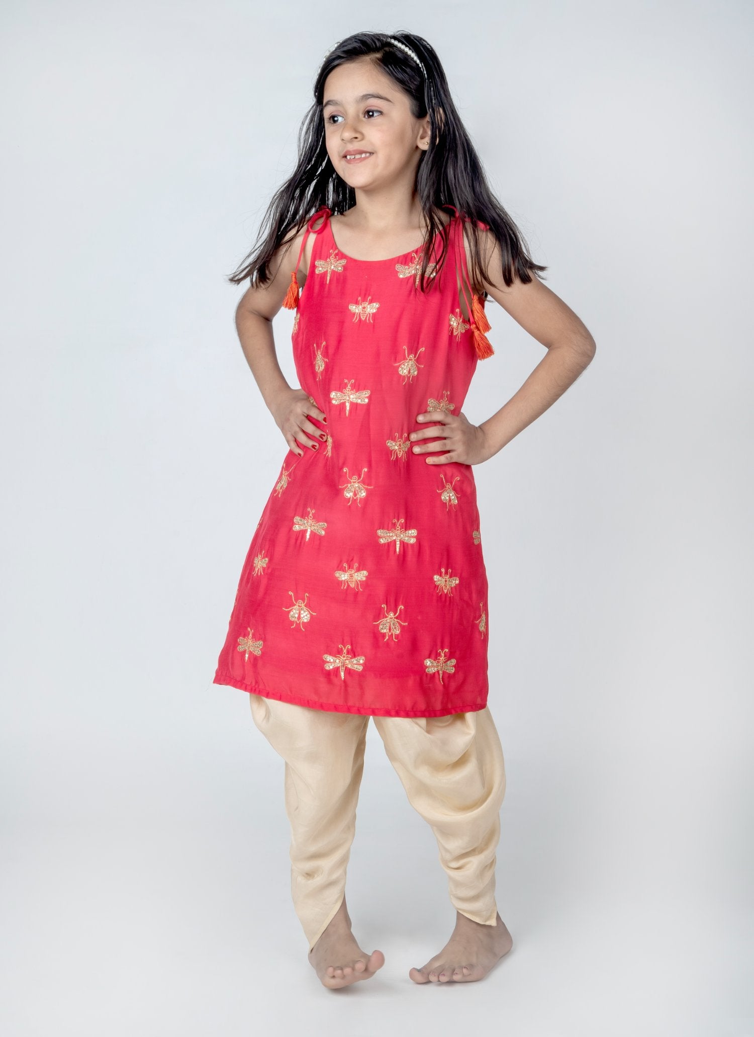 Dragonfly Embroidered Kurta Set Coral