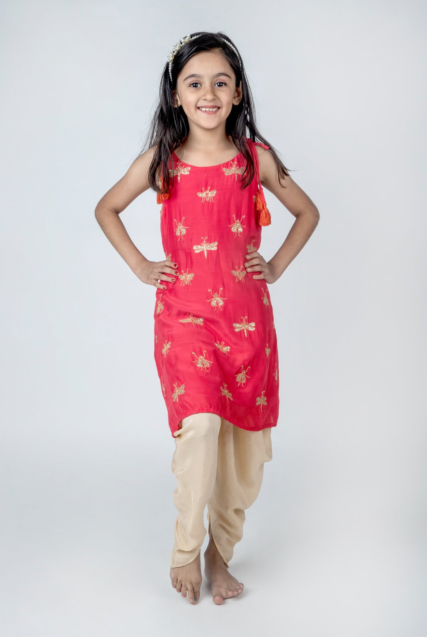 Dragonfly Embroidered Kurta Set Coral