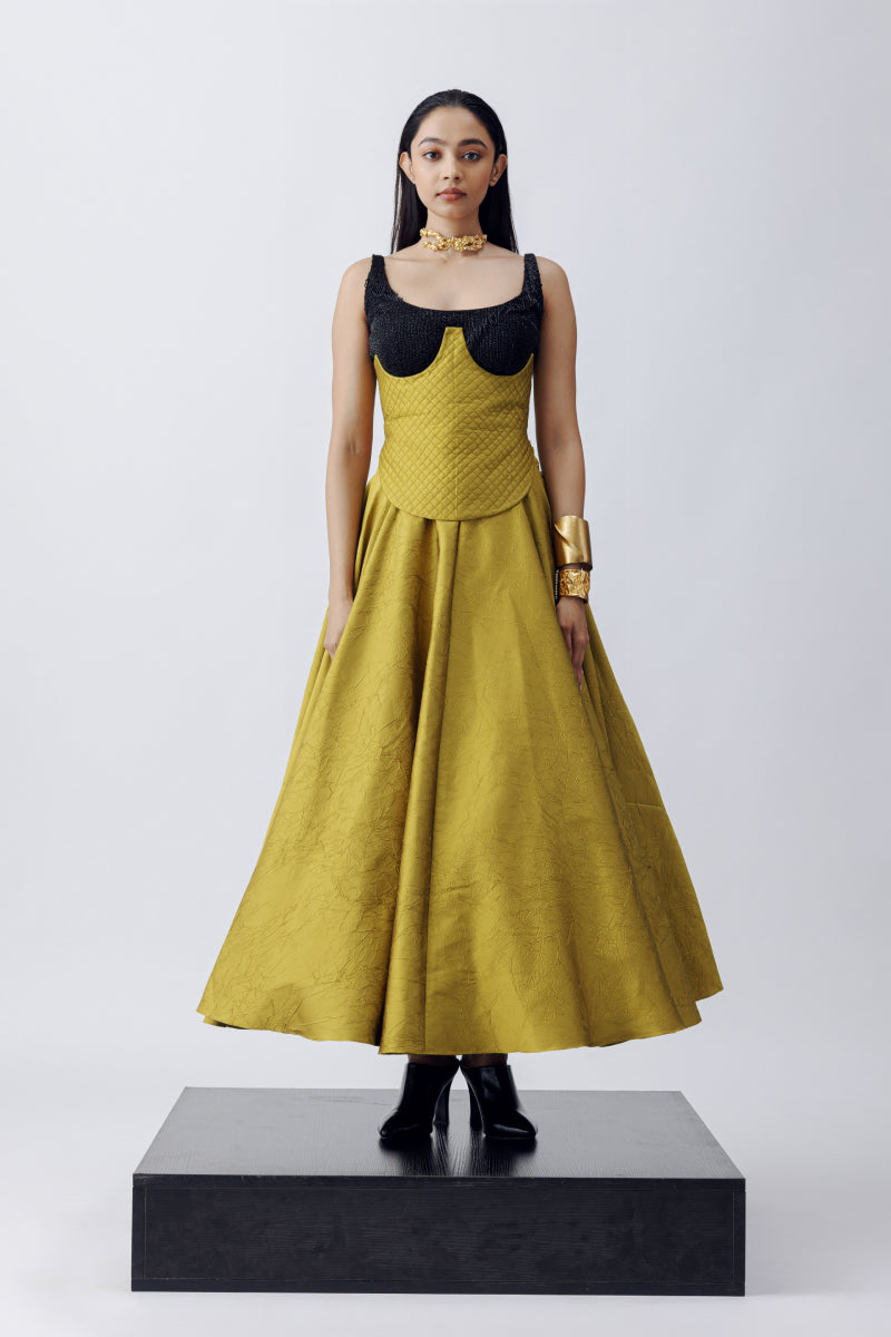 EMBELLISHED TOP + QUILTED CORSET BELT + SILK CRUSH SKIRT