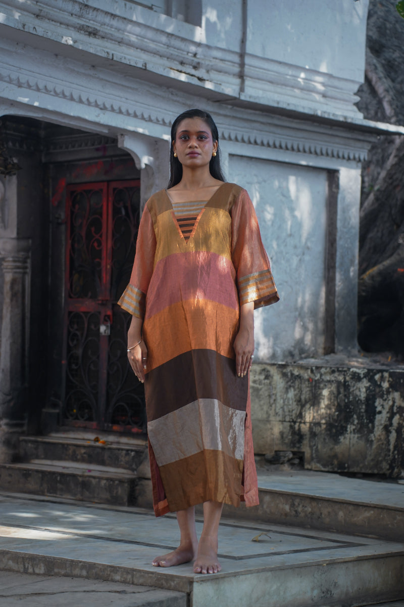 DHUN ZARI STRIPE PATCH SLIT DRESS