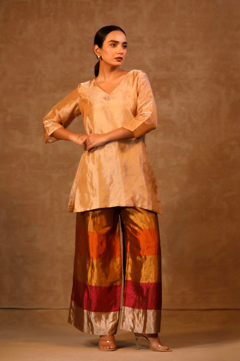 DHUN SHORT KURTA STRIPE PANT SET - BROWN