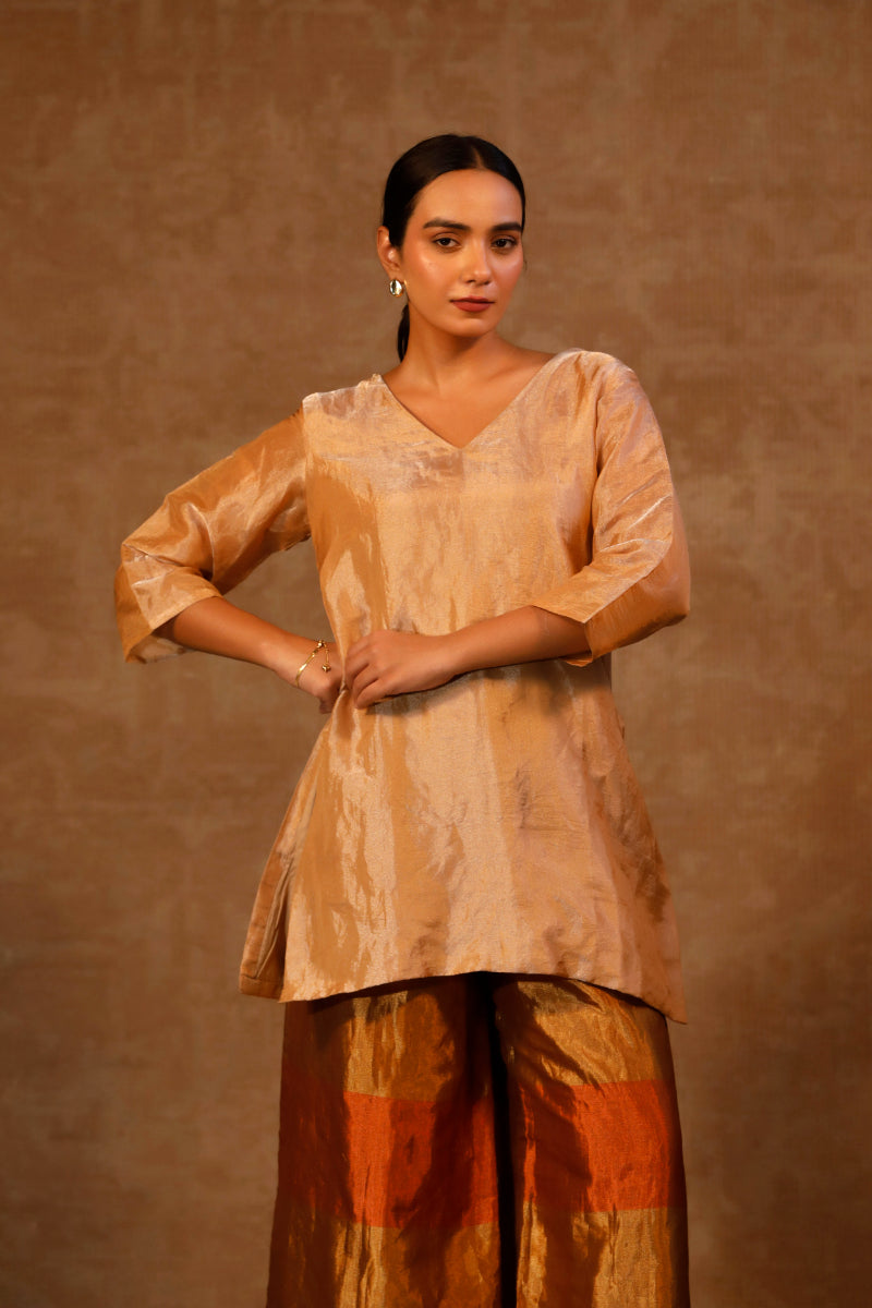 DHUN SHORT KURTA STRIPE PANT SET - BROWN