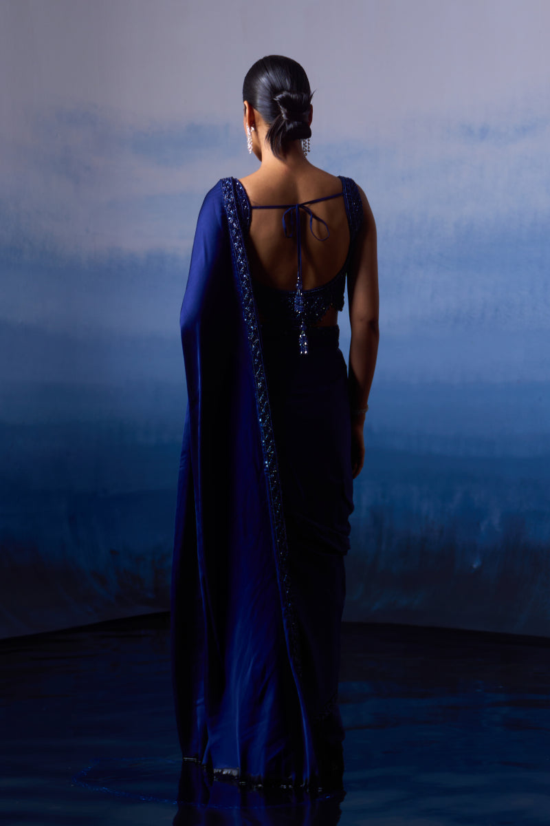 Midnight Blue Satin Saree