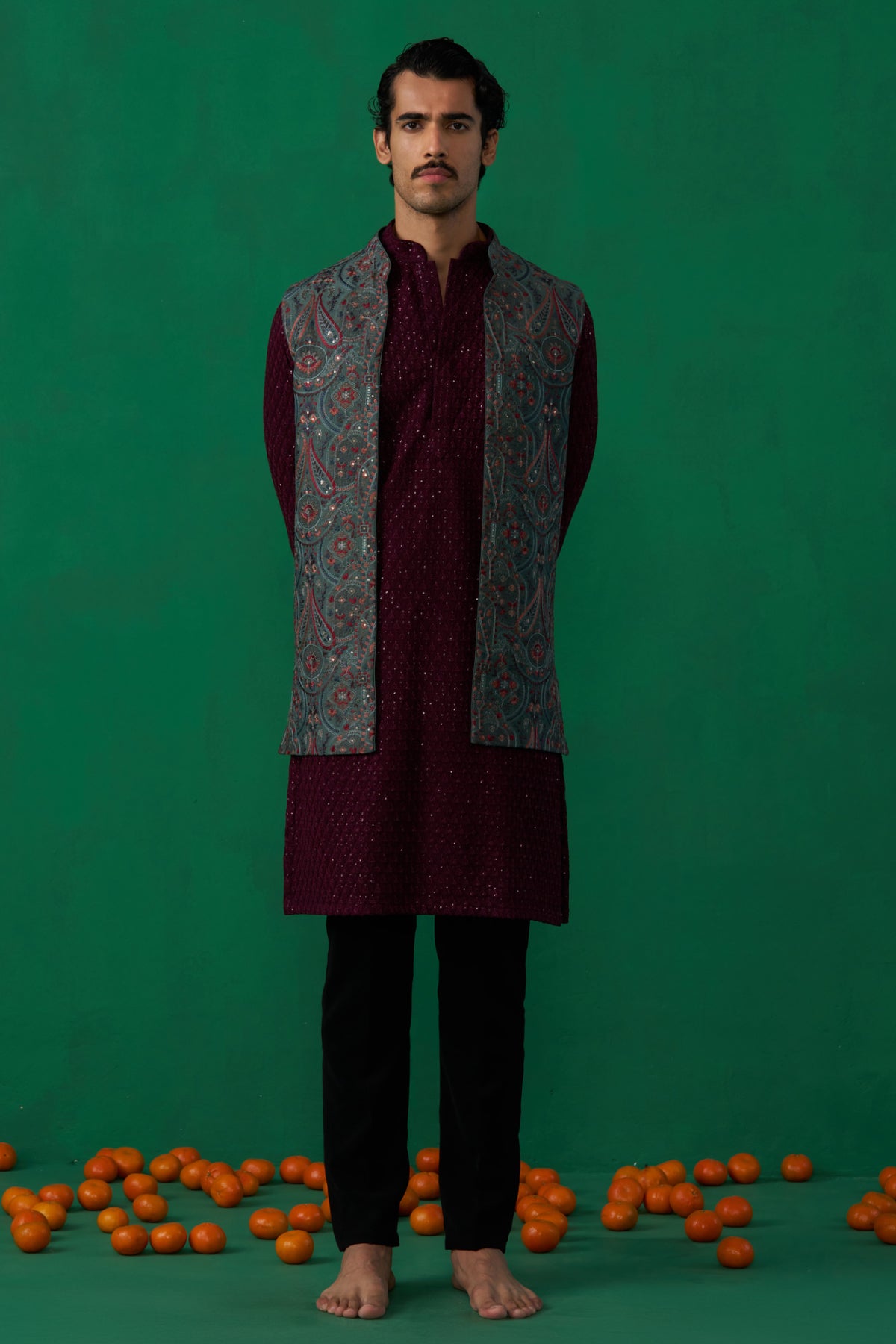 KASHMIRI MEHNDI KURTA JACKET SET