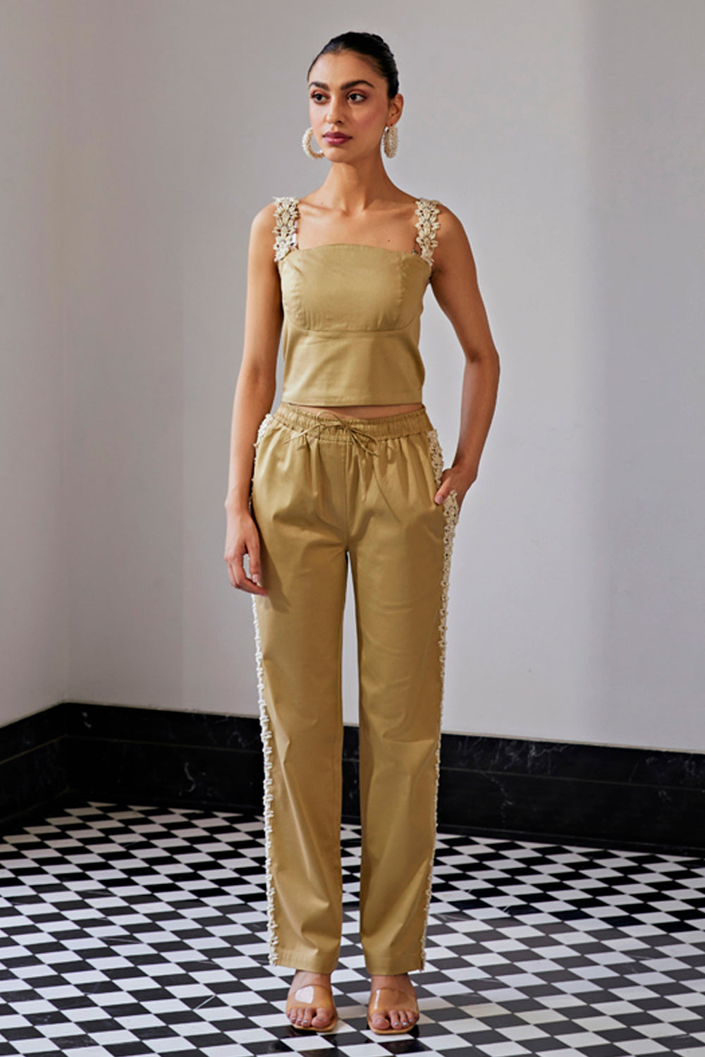 BEIGE EMBROIDERED TOP & PANTS SET