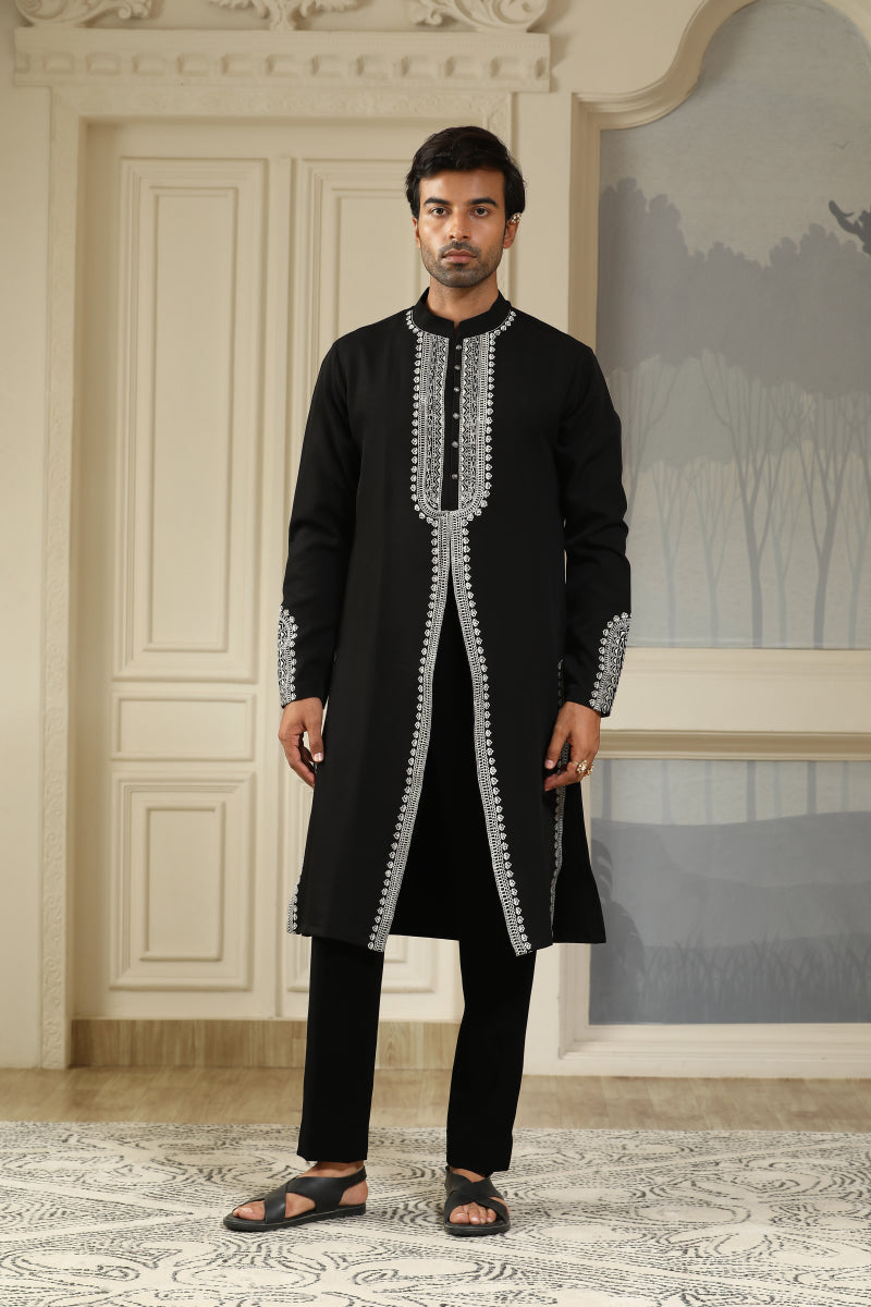 Black V Cut Resham Embroidered Kurta Set