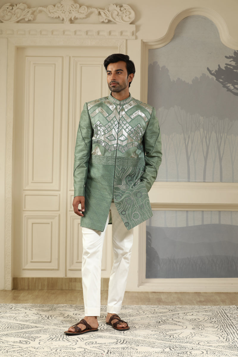 Green Embroidered Short Indo Set Geometry