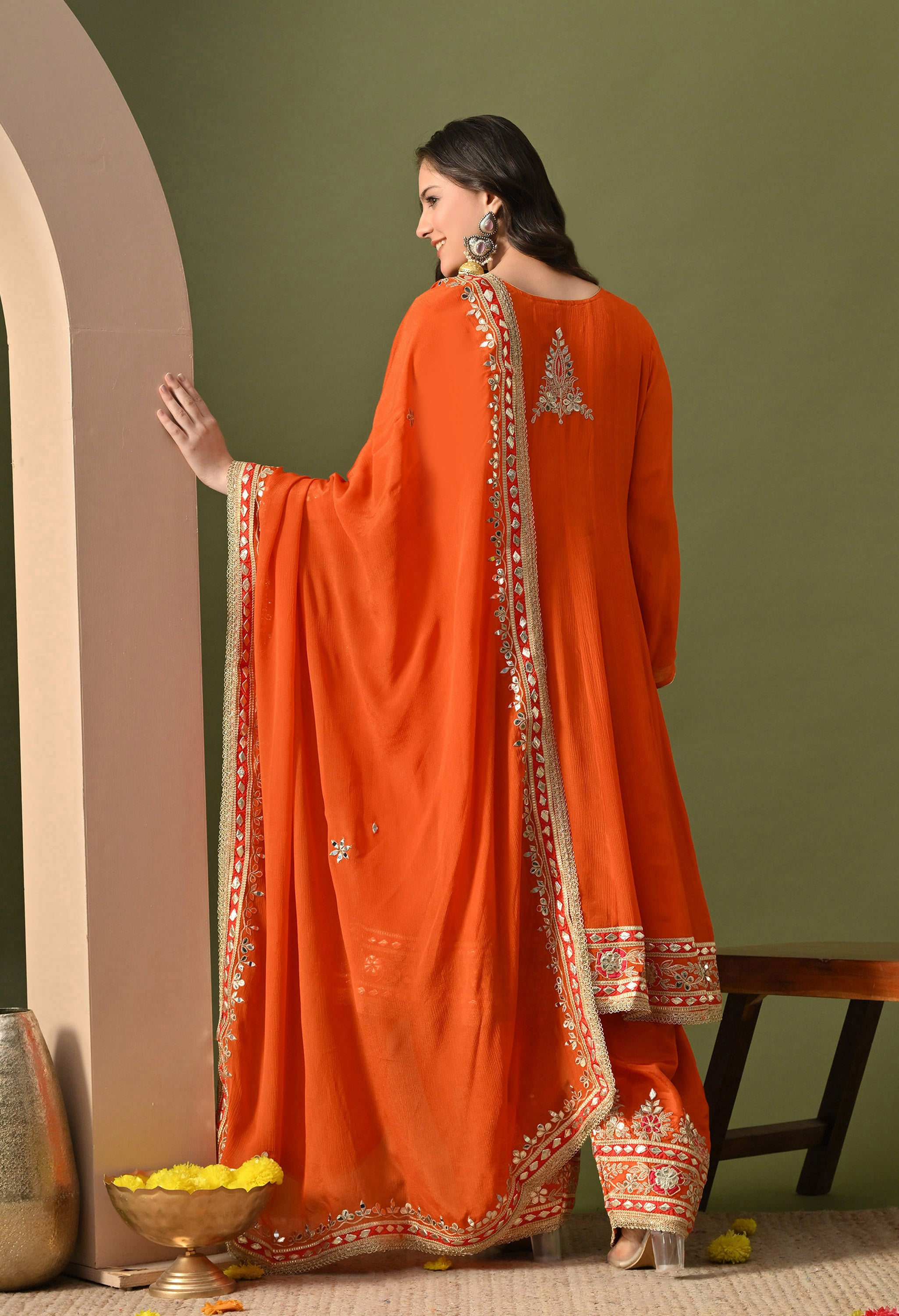 Rust Orange Zardozi Work Kurta Set