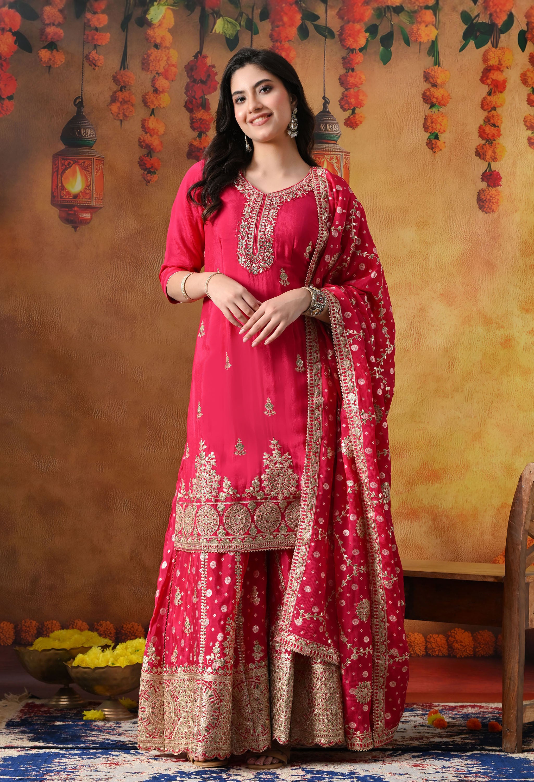 Hot Pink Chiffon Sharara Set