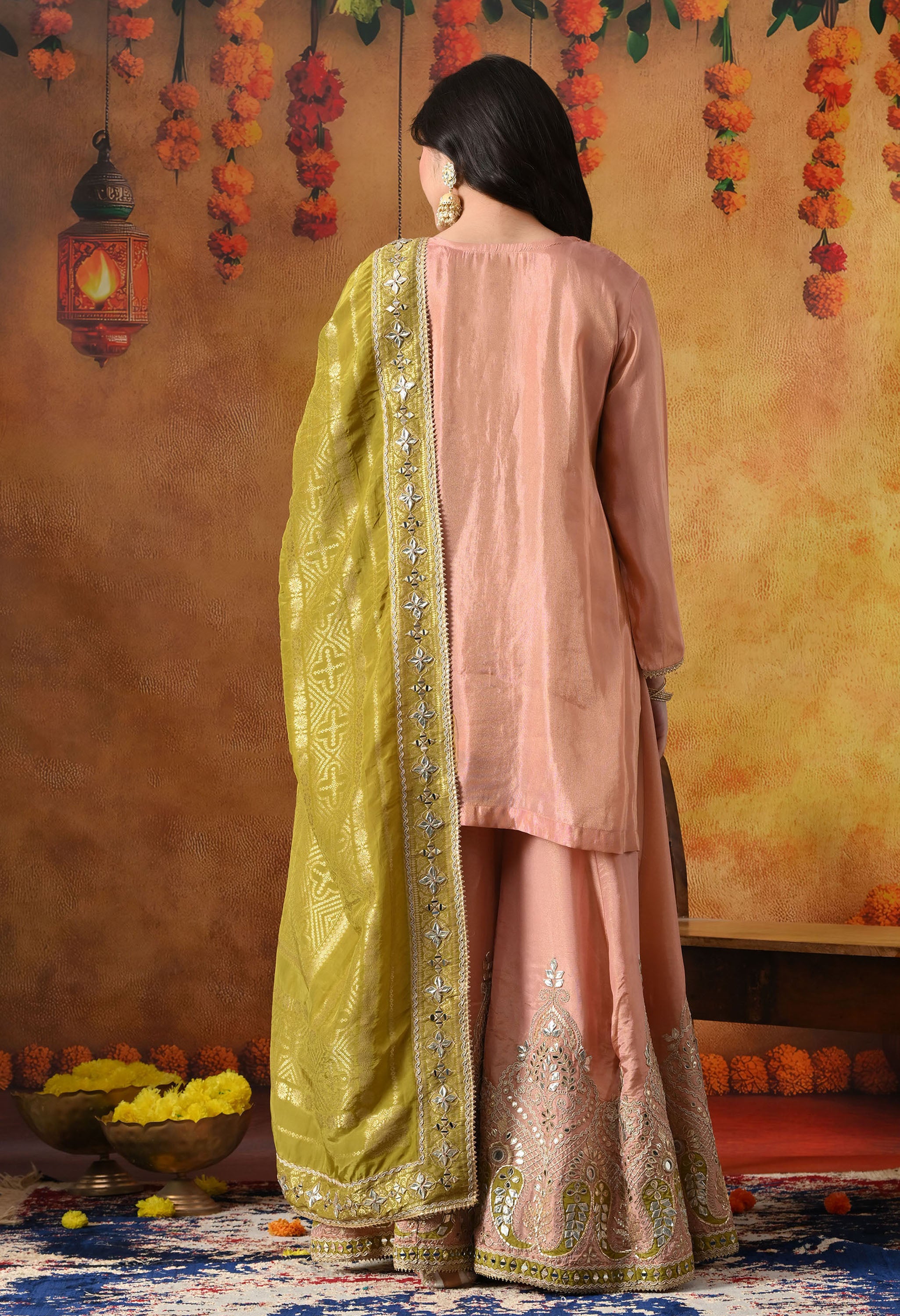Peach Tissue Crepe Sharara Set