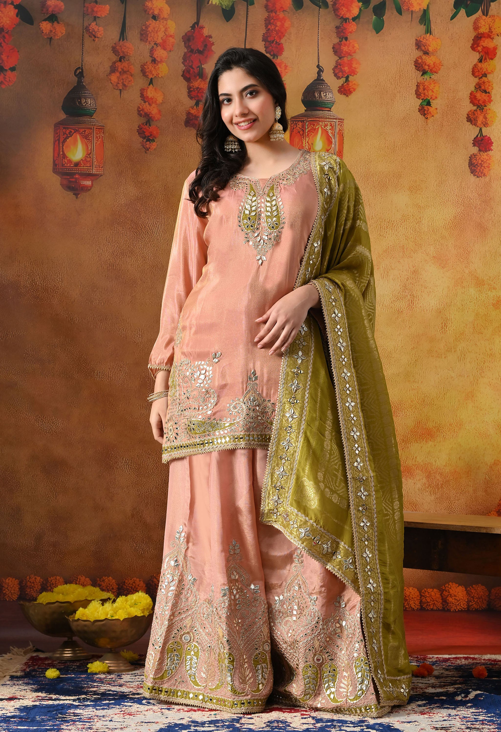 Peach Tissue Crepe Sharara Set