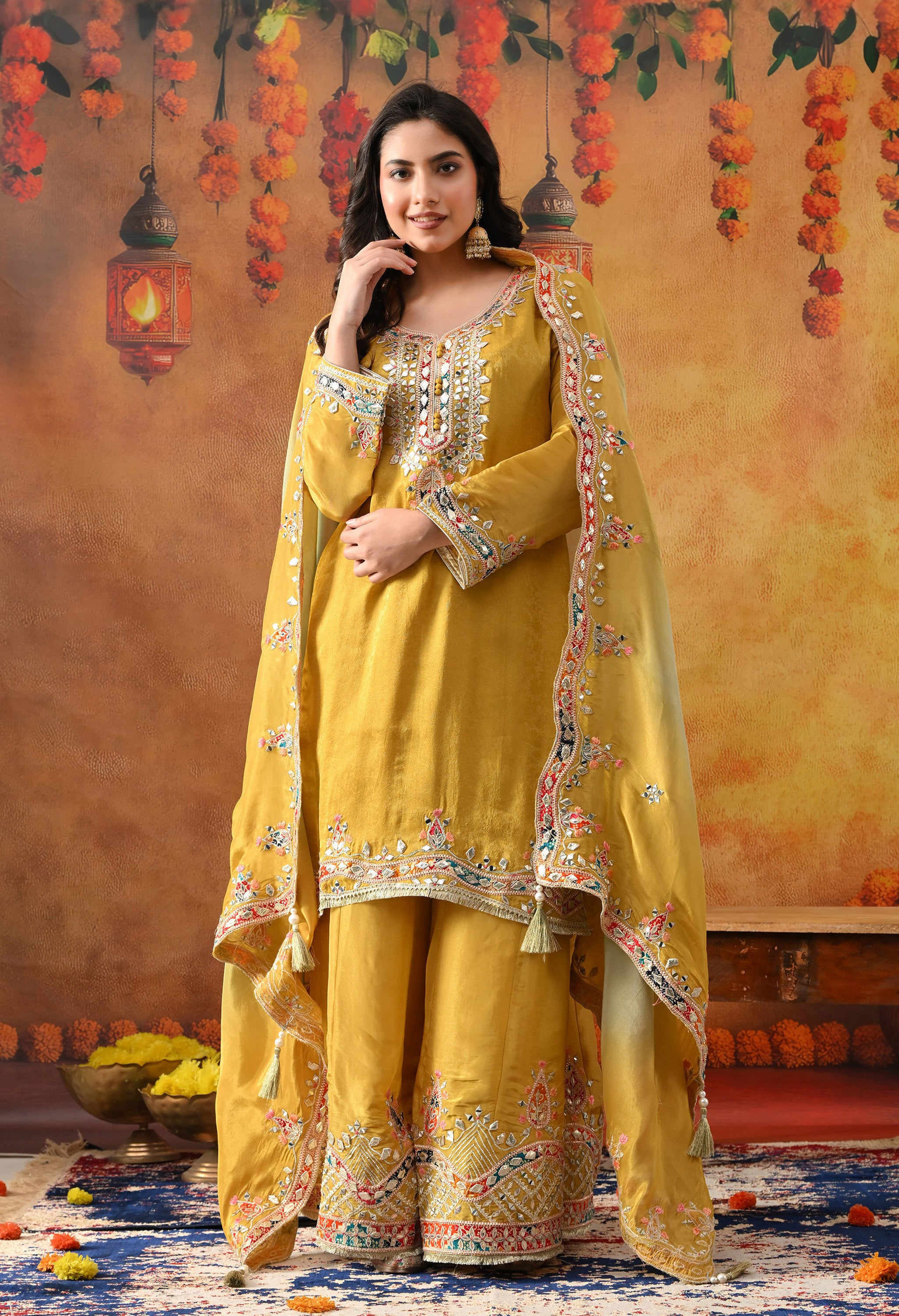 Yellow Tissue Crepe Sharara Set