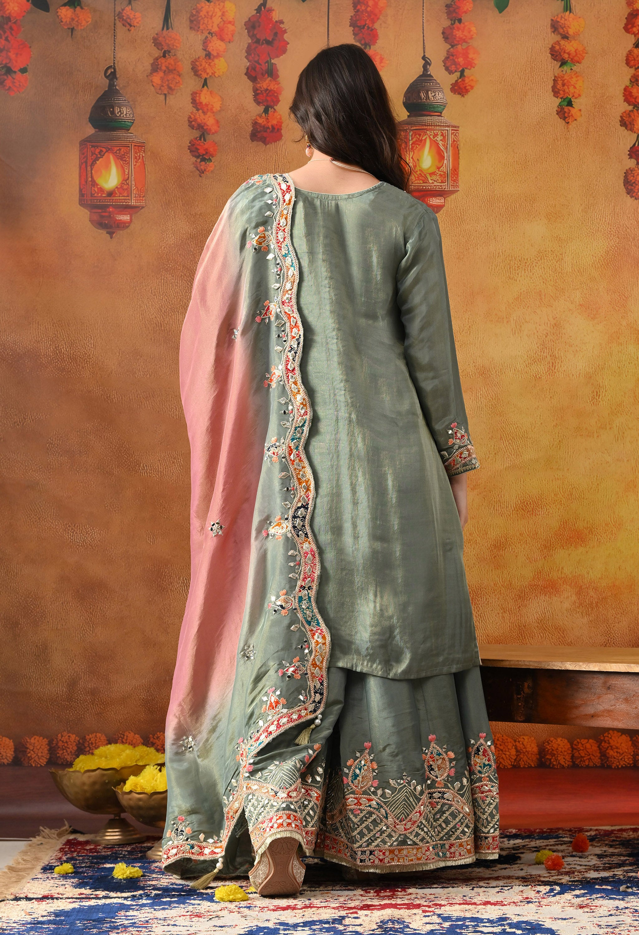 Mint Green Tissue Crepe Sharara Set