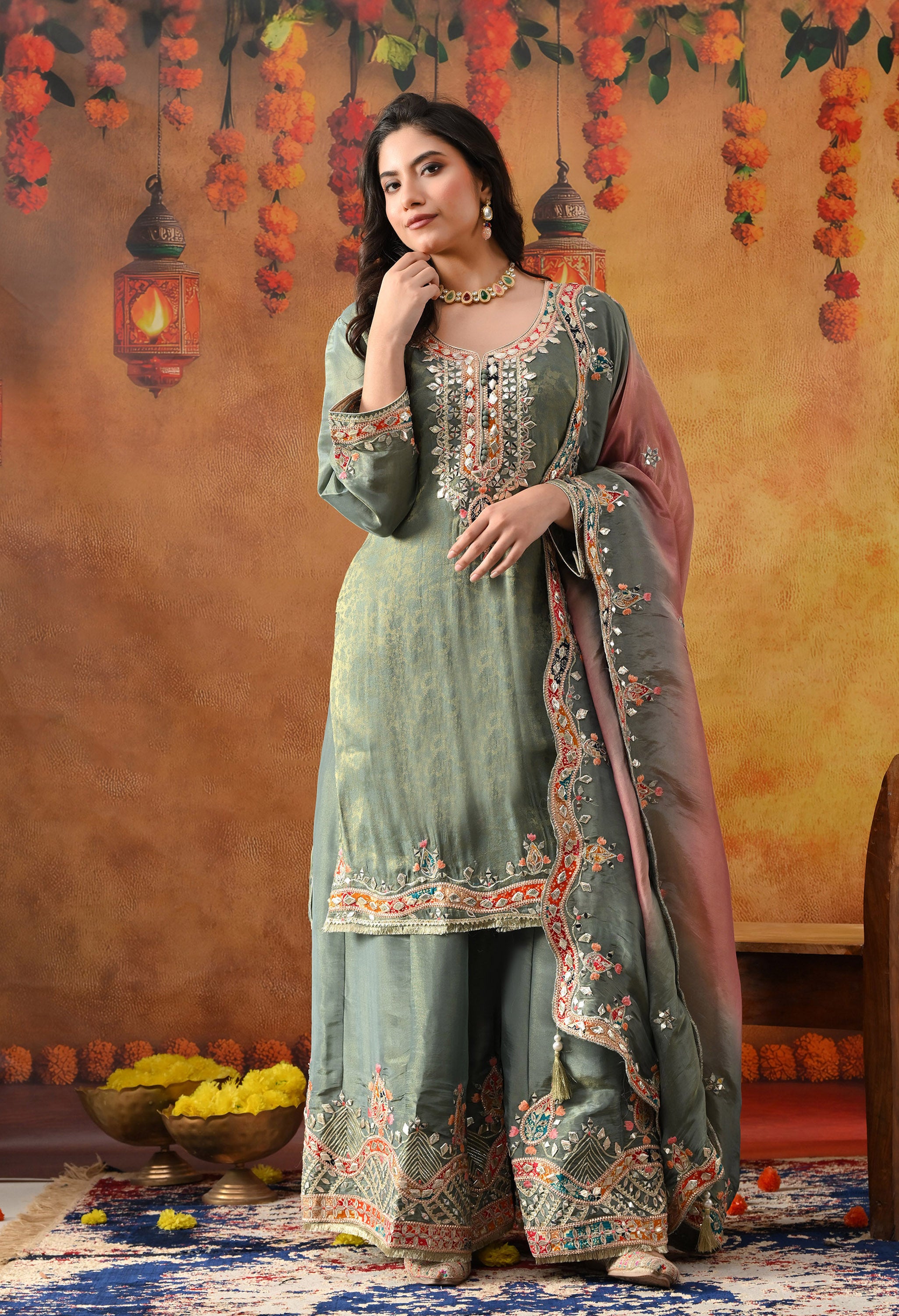 Mint Green Tissue Crepe Sharara Set
