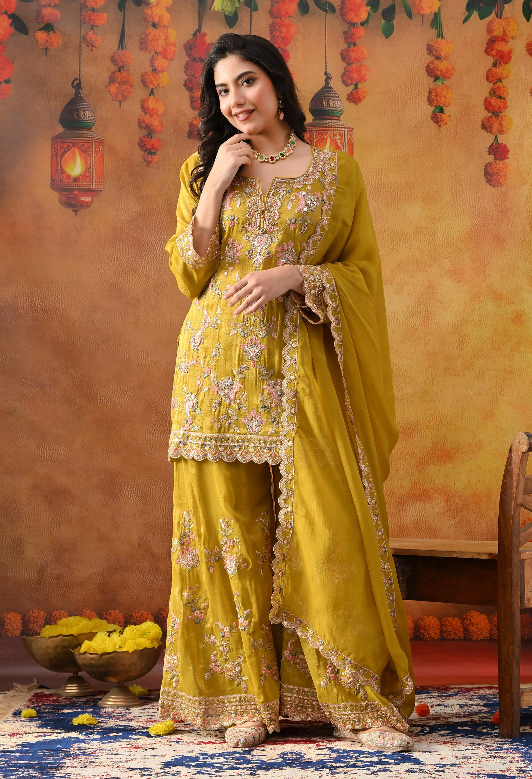 Greenish Yellow Tissue Organza Sharara Set