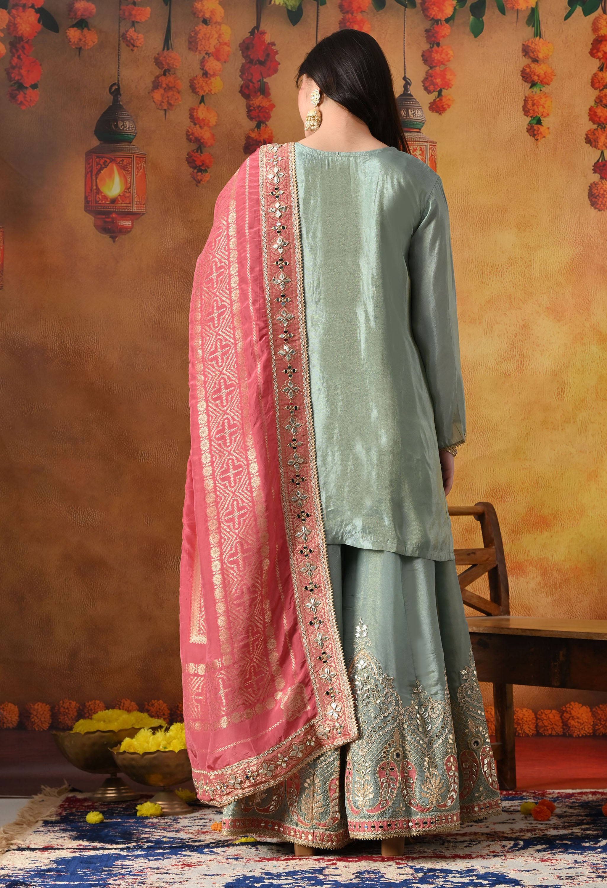 Elegant Light Blue Sharara Set In Tissue Crepe