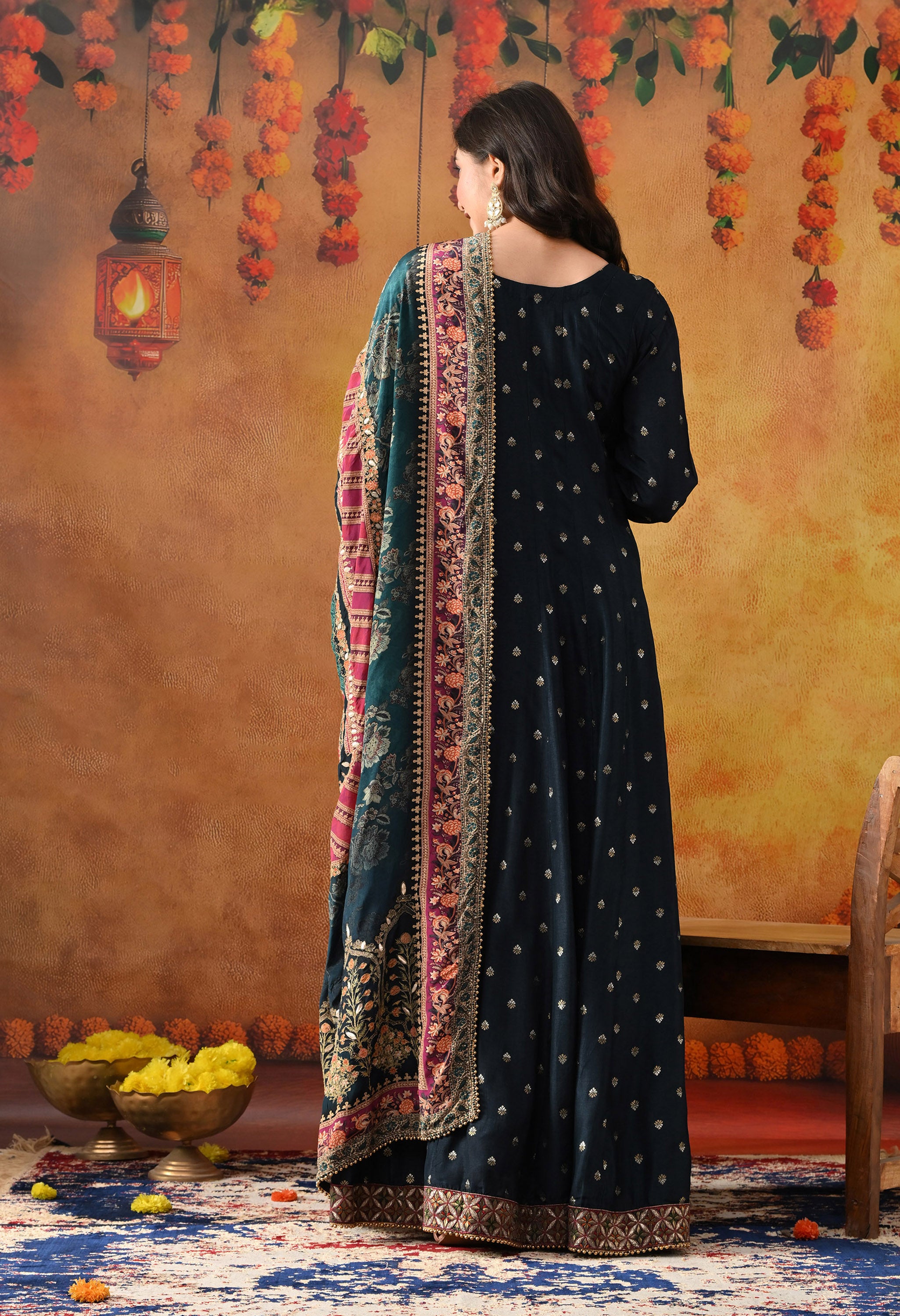 Navy Blue Silk Anarkali Set