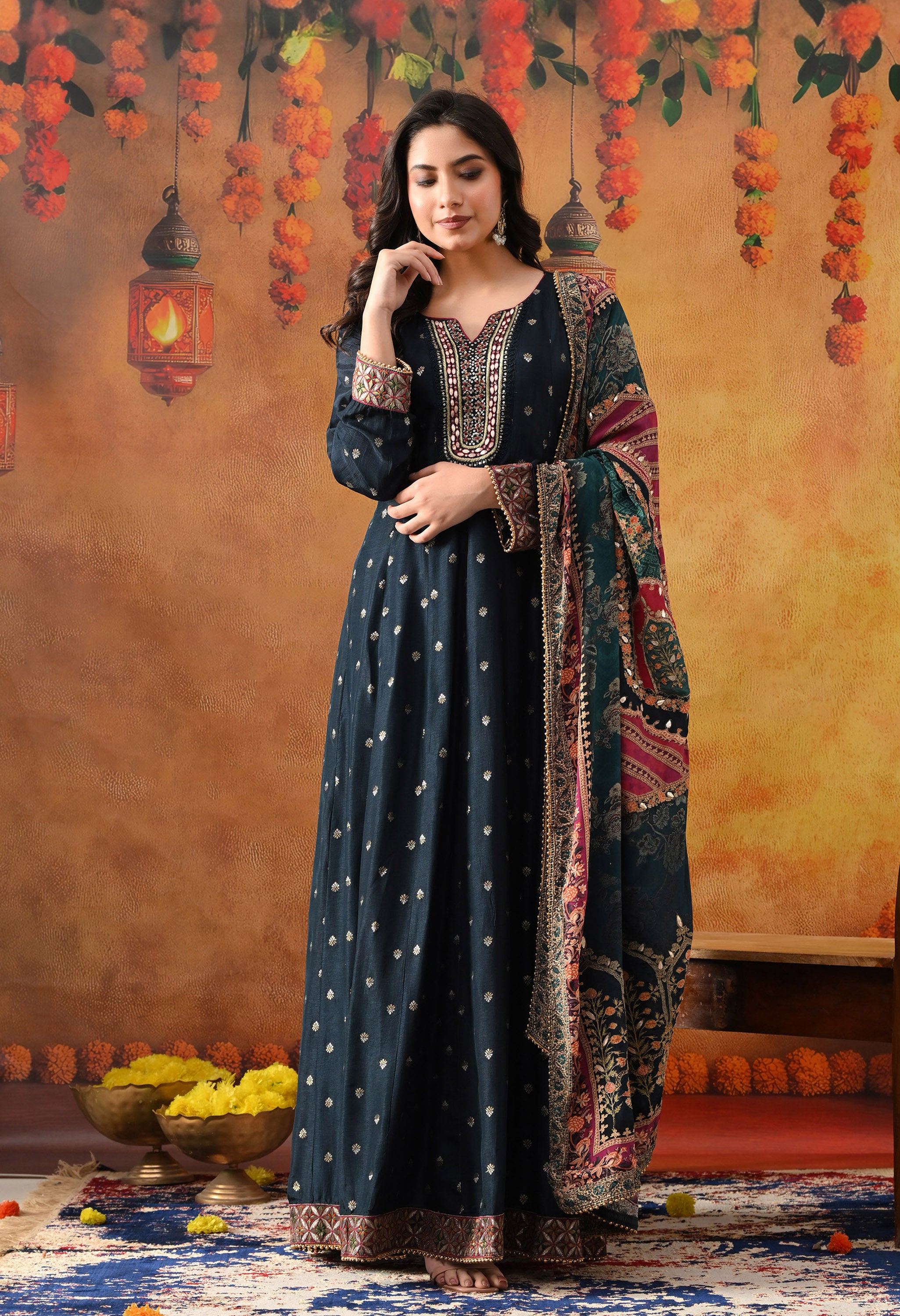 Navy Blue Silk Anarkali Set