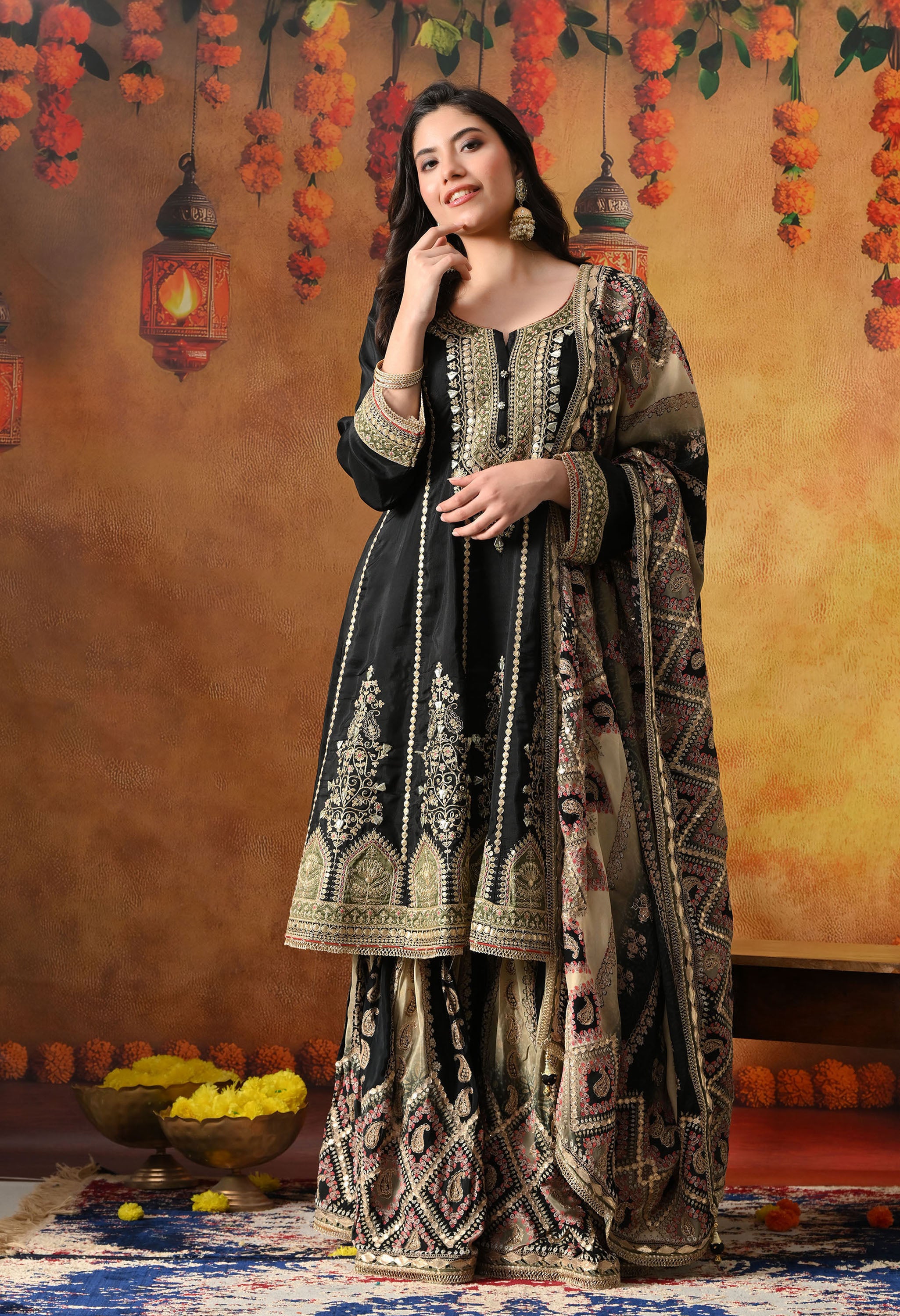 Elegant Black Gharara Set In Crepe