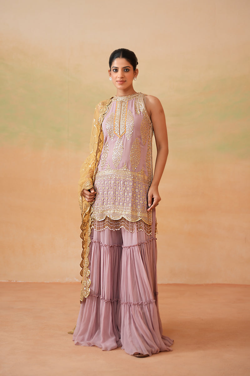 Mauve Ready Fabric Kurti, Garara And Mustard Dupatta