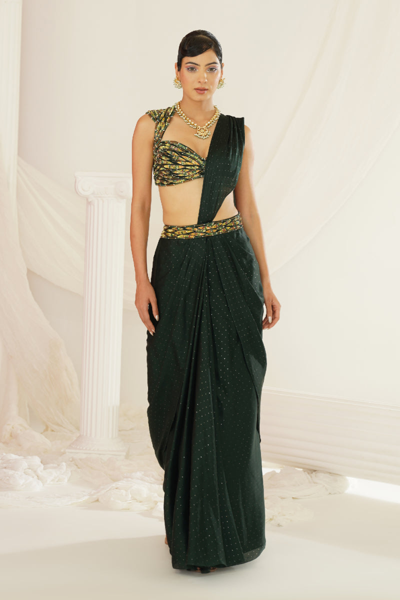 Forest Green Embroidered Blouse With
Ready To Wear Drape Saree Set