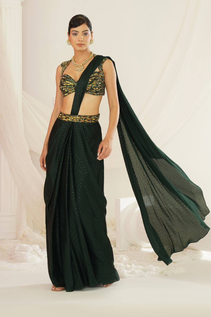Forest Green Embroidered Blouse With
Ready To Wear Drape Saree Set