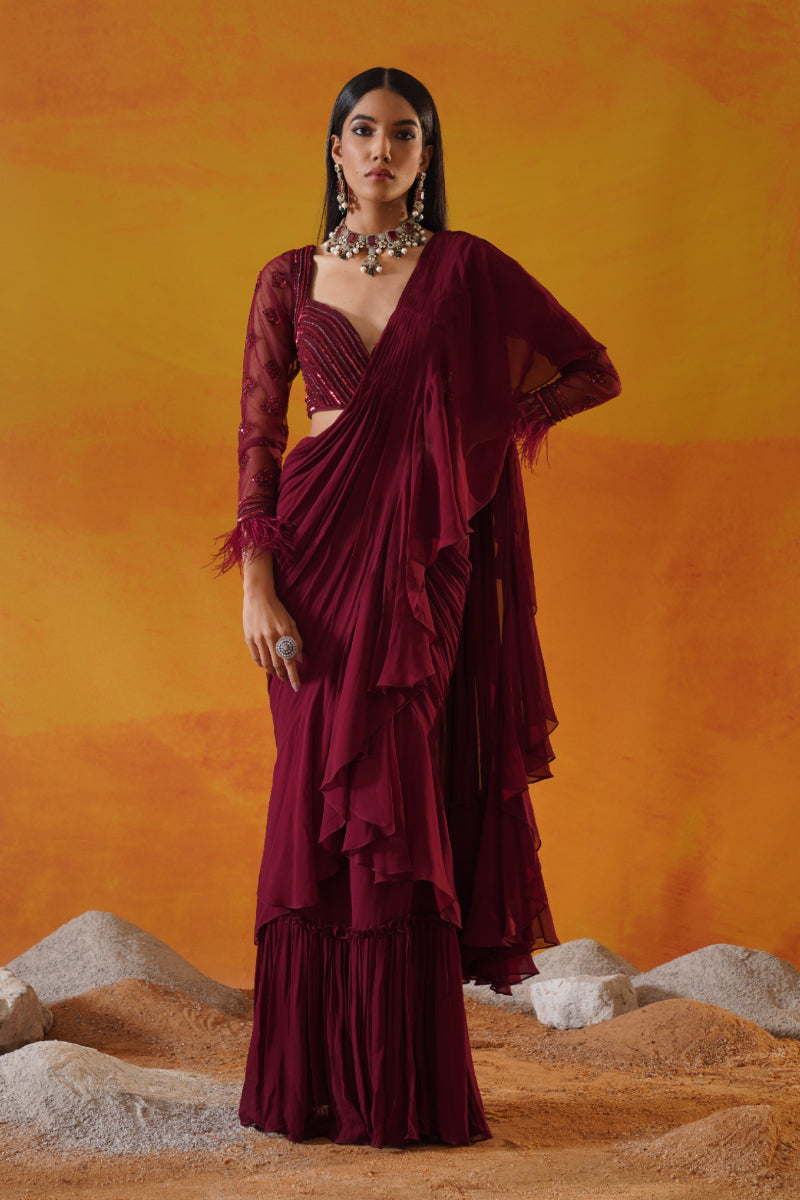 Maroon Georgette Saree Set