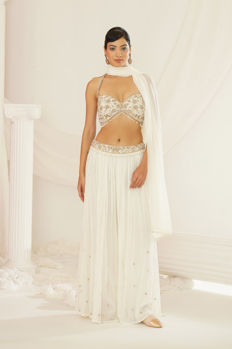 White Embellished Kurta, Pallazo And Dupatta Set