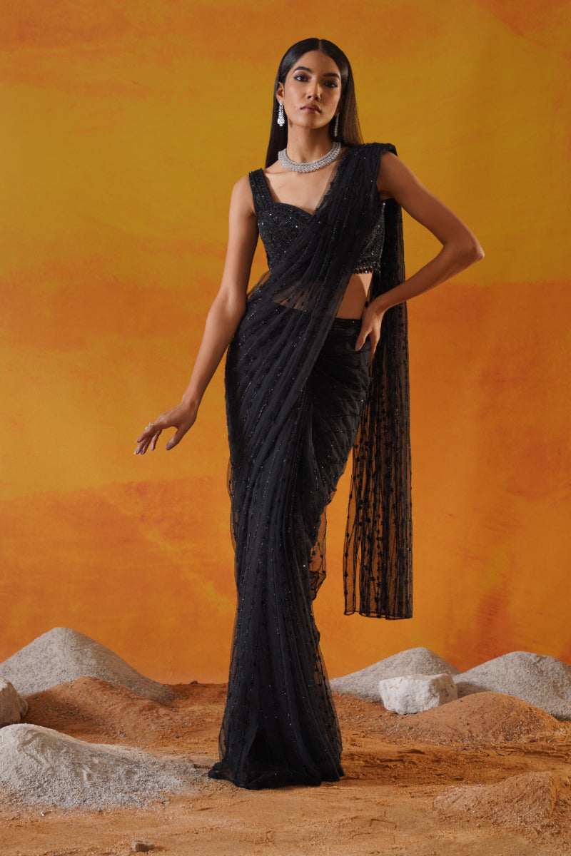 Black Drape Saree Set