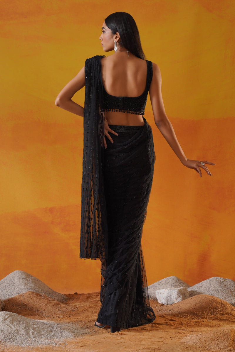 Black Drape Saree Set