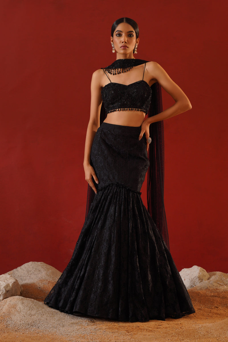 Black Net Lace Lehenga Choli Set