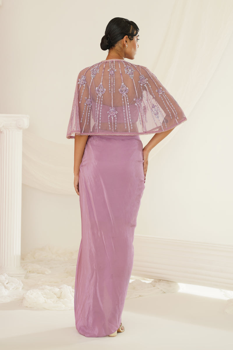 Lavender Embroidered Blouse With
Ready To Wear Drape Dhoti Set
