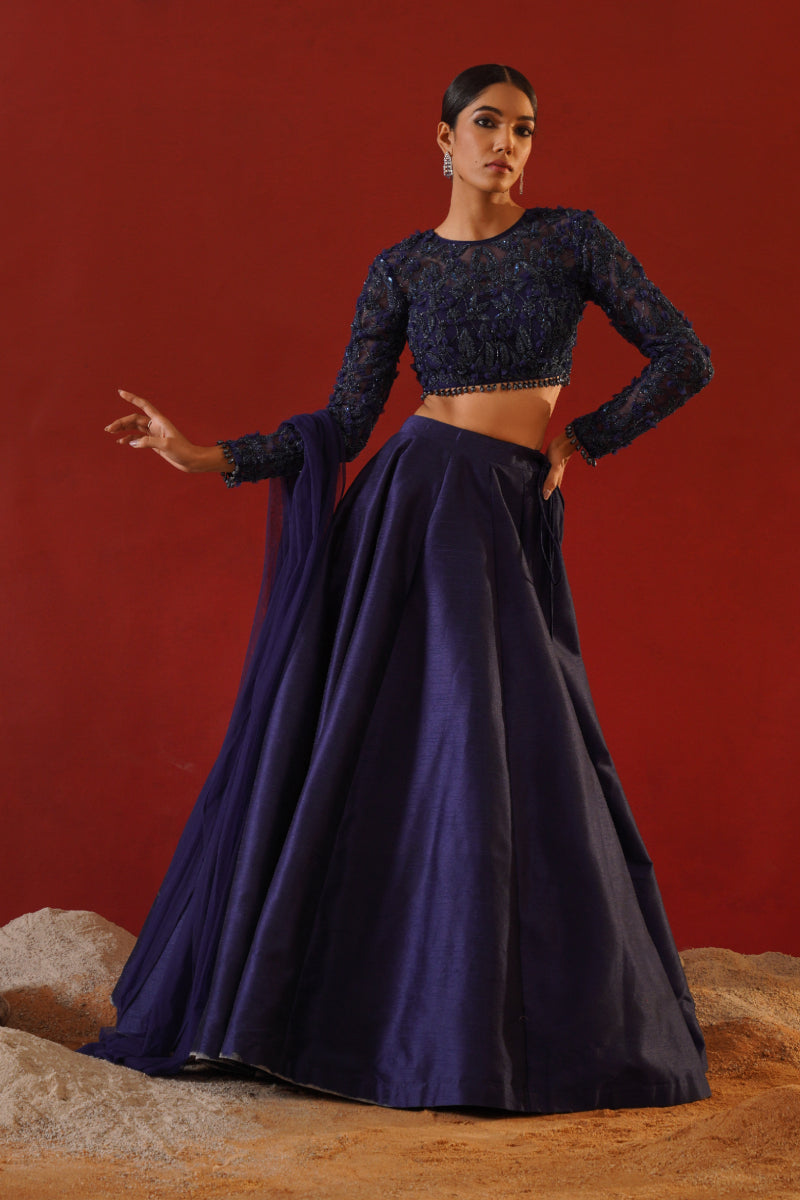 Navy Blue Dupion Silk Lehenga Choli Set