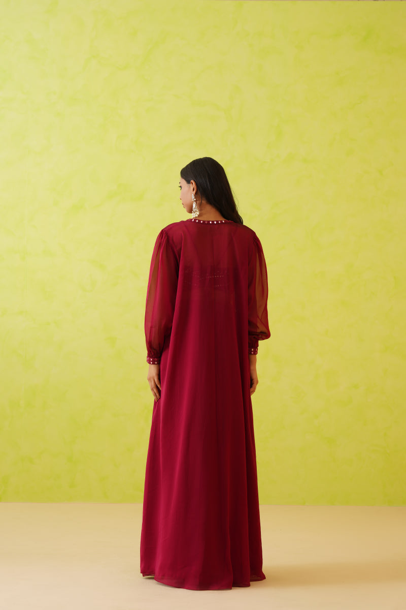 Maroon Embroidered Crop Top, Jacket And Skirt Set