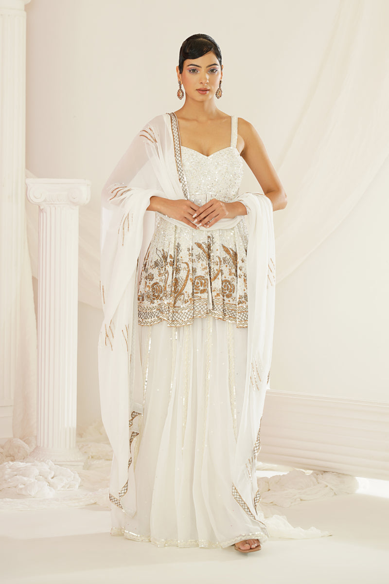 White Embroidered Sharara With Pelpum And Dupatta Set