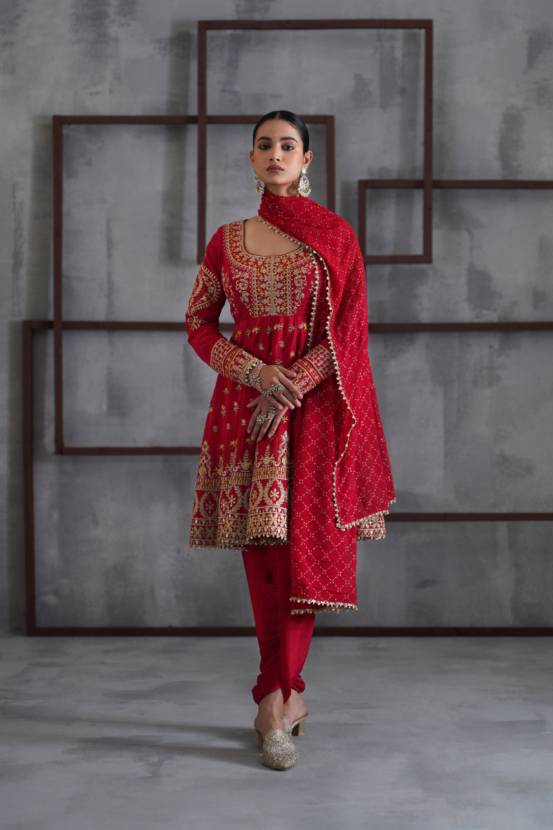 Red Embroidered Anarkali, Tulip Pants And Dupatta