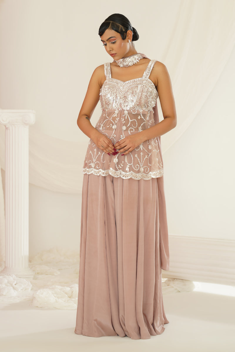 Nude Sharara Set With Pelpum And Dupatta
