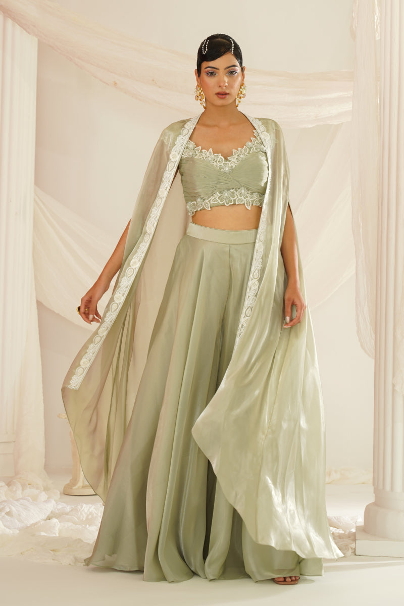 Sage Green Embroidered Sharara Set