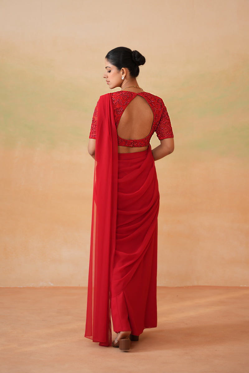 Red Embroidered Blouse And Stitched Saree Set