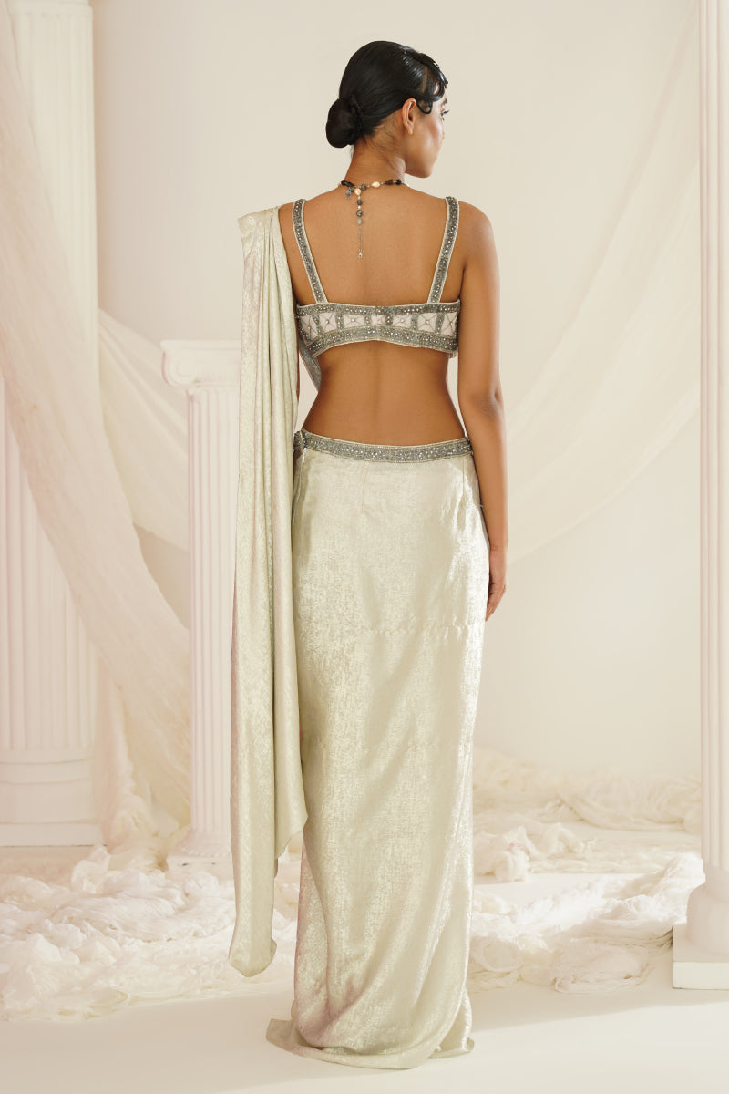 Silver Grey Embroidered Blouse With
Ready To Wear Drape Saree Set