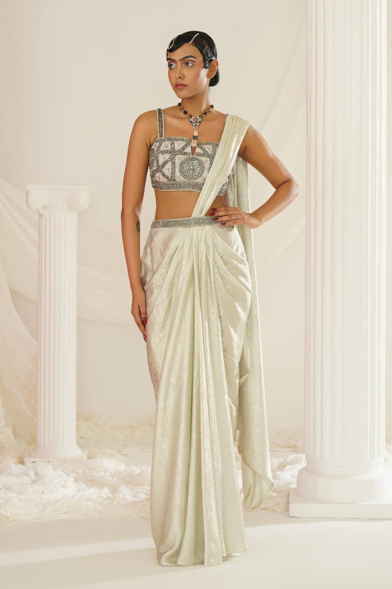 Silver Grey Embroidered Blouse With
Ready To Wear Drape Saree Set