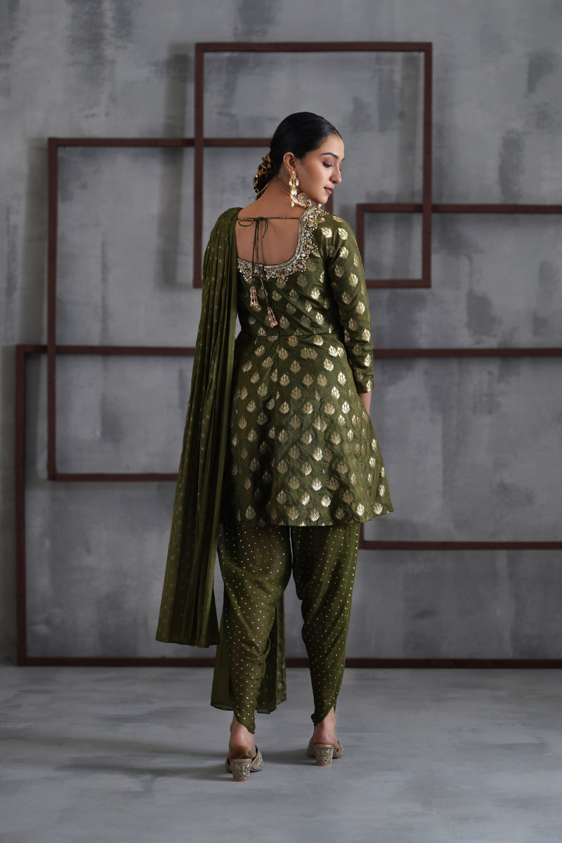 Olive Green Peplum, Tulip Salwar And Choker Dupatta