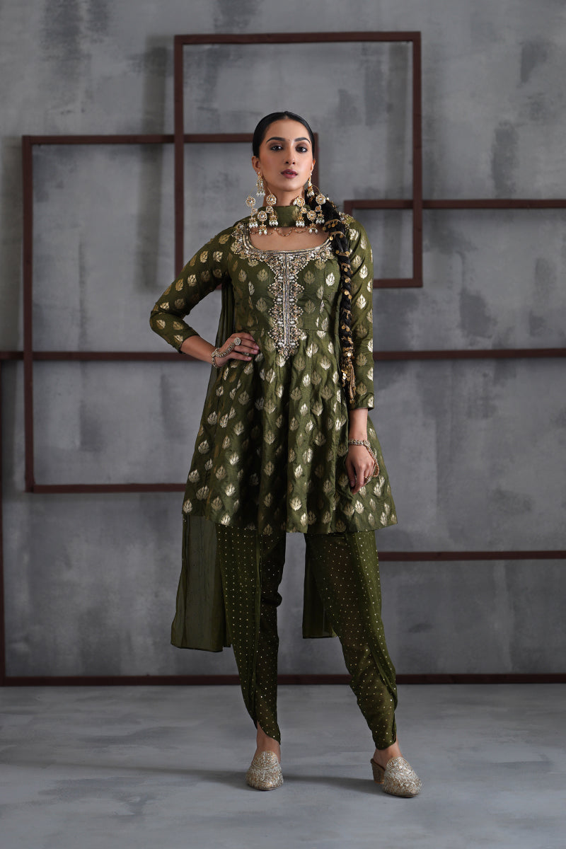 Olive Green Peplum, Tulip Salwar And Choker Dupatta