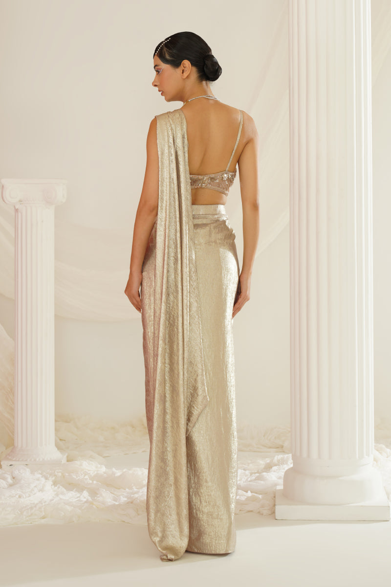 Gold Embroidered Blouse With
Ready To Wear Drape Saree Set